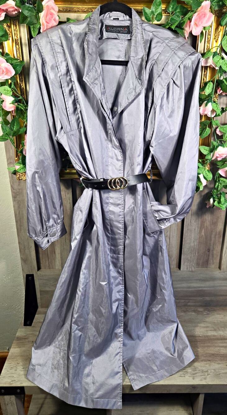Vintage Alorna Petite Silver Trench Coat Womens Metallic Belted 80s Hong Kong